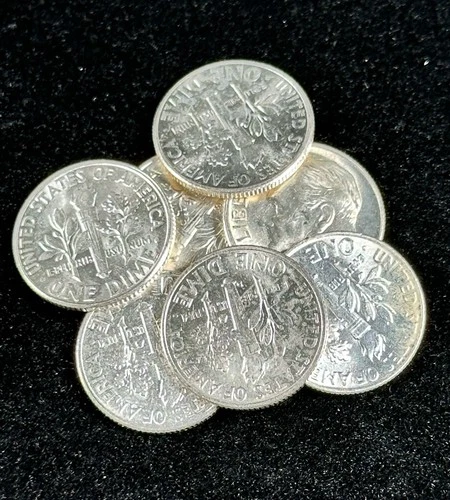 7 90% Silver BU Roosevelt Dimes Mixed Dates Lot ~ 1/2 Oz Silver Some Toning