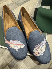 Stubbs & Wootton Aquario Marine linen slippers with fish embroidery NWT!