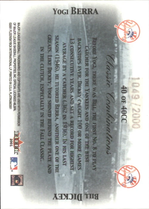 2001 Fleer Platinum Classic Combinations #40 Y.Berra B.Dickey /2000 - NM-MT - Image 2 of 2
