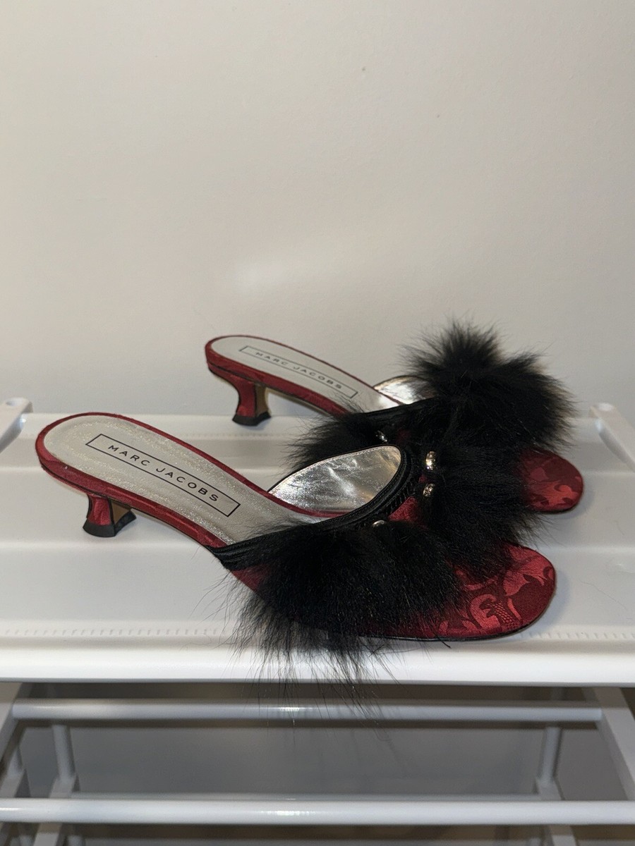 Marc Jacobs Fur Kitten Heel Sandal Mules With Crystal Heels 39 | eBay
