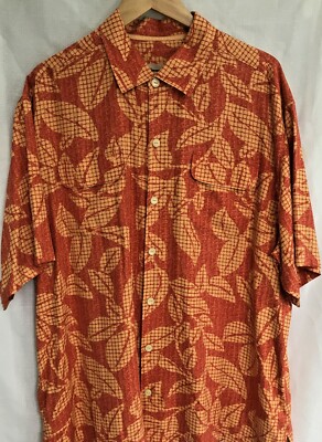 Tommy Bahama Silk True Grid Short Sleeve Shirt Orange Leaf Print #T34902 XLARGE