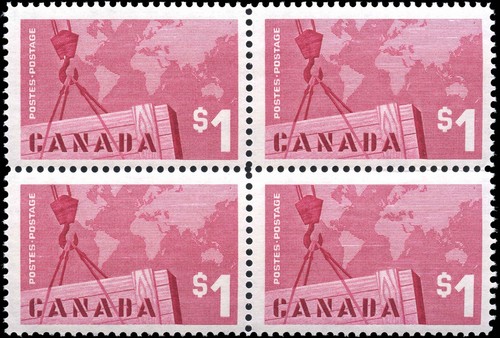 Canada Mint NH F+ $1.00 Scott #411i LF Block 1963 Crane and Map Exports Stamps - Picture 1 of 2