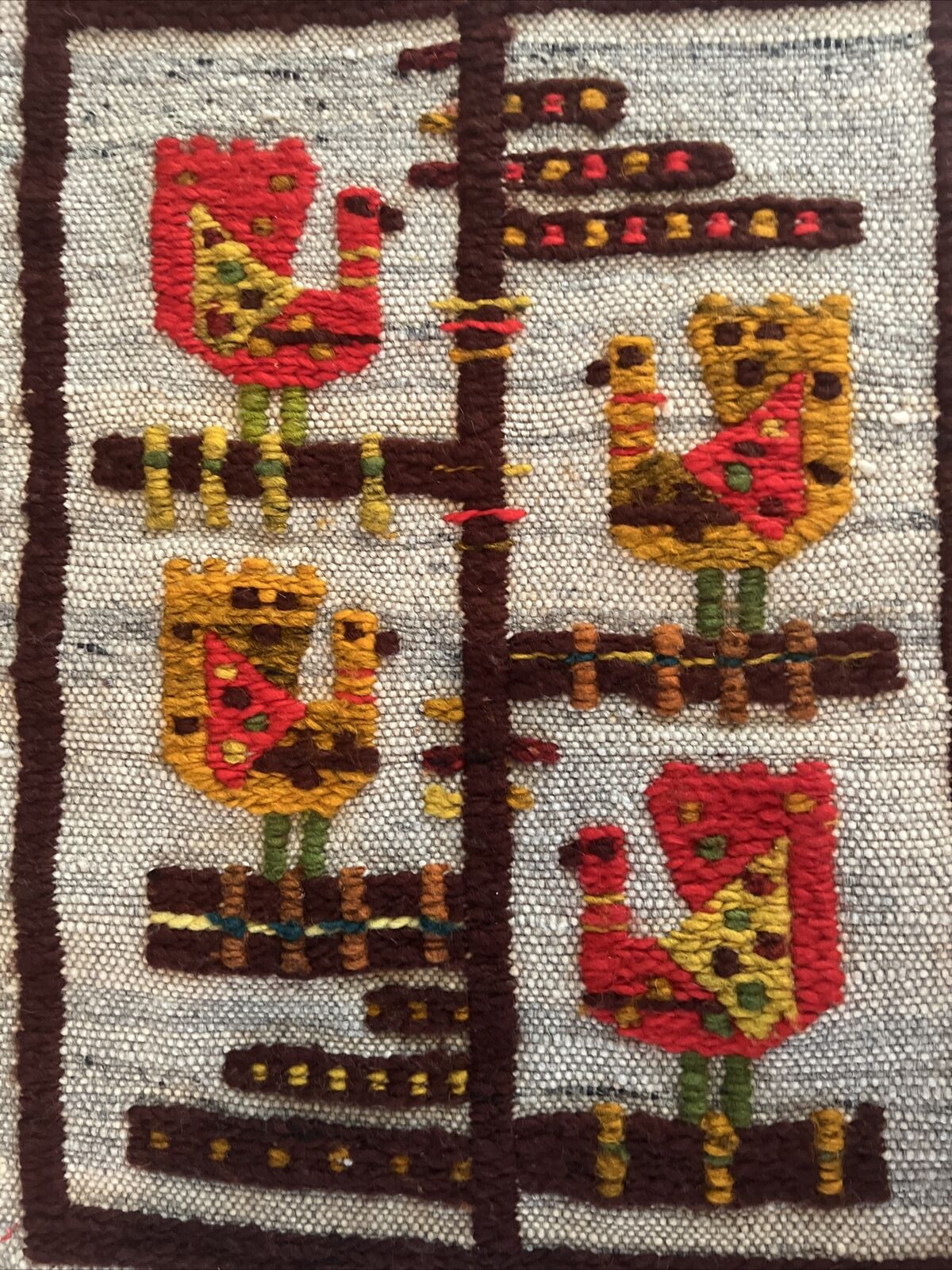 Vtg Tree of Birds Knotted Wool Polish Kilim Rug Tapestry MCM Fringe Multicolored