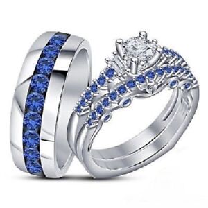 Blue Sapphire Trio Wedding Ring His And Hers Bridal Bands Set White ...