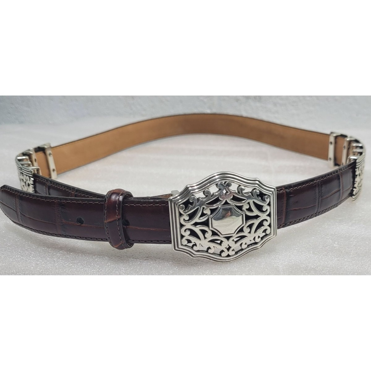 Brighton Embossed Brown Leather Belt Silver Buckle 