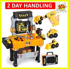 Kids Tool Bench with Electric Drill and Construction Vehicles, 2-in-1 Workben...