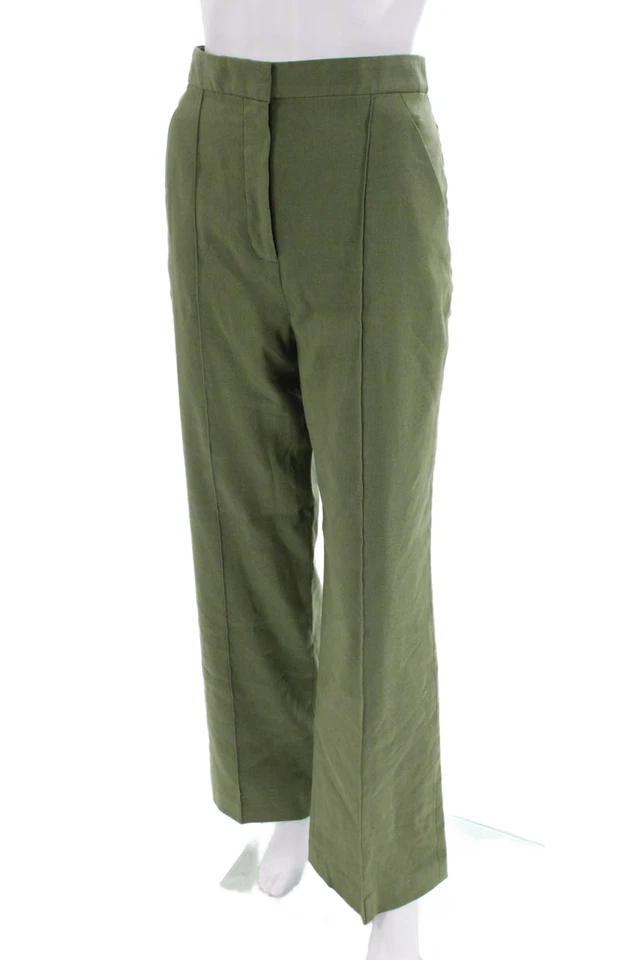 Pantalones Veronica Barba Mujer Lino Tiro Alto Plisados Pierna Ancha Verde Talla 8 Foto 2 de 4