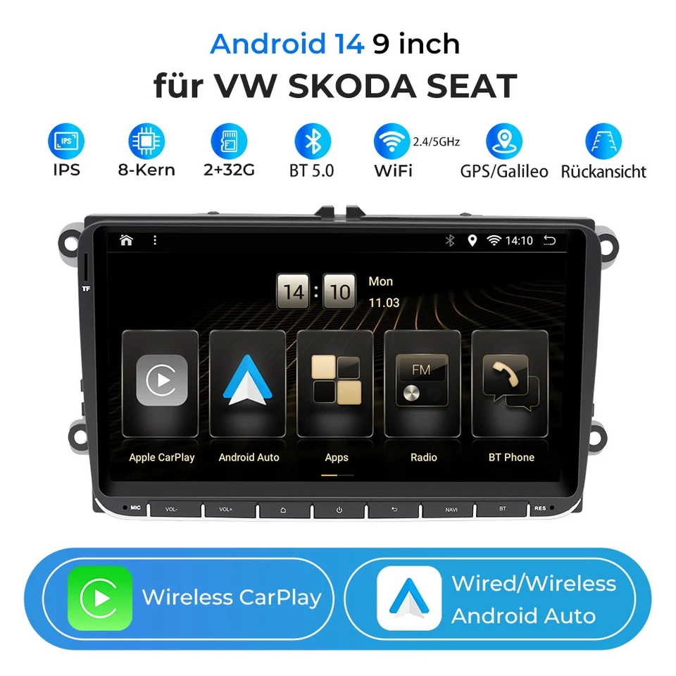 Autoradio für VW GOLF 5 6 Touran EOS Tiguan Polo Android 14 CarPlay Sat Navi RDS - Bild 1 von 4