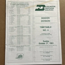 Burlington Northern Railroad Timetable #4 Denver Division 1991 Railroad Ephemera