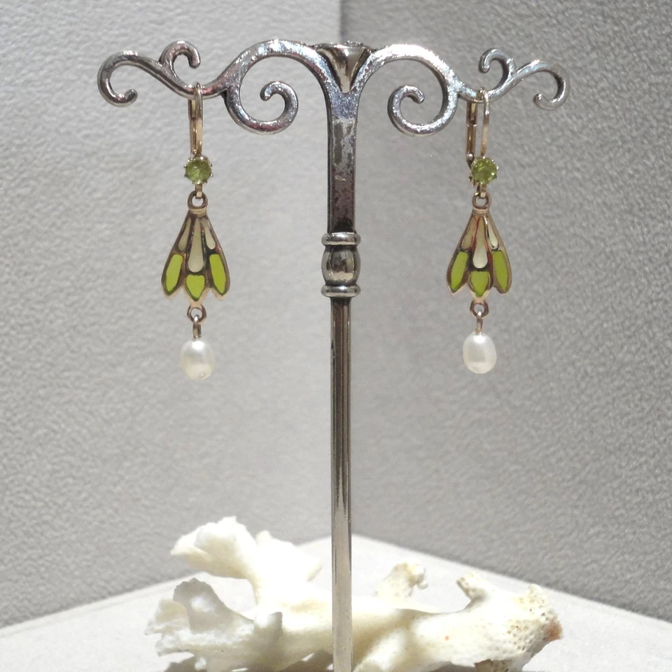 Jugendstil Schmuck Peridot Ohrringe Perle Emaille Silber 925/- gelb vergoldet - Bild 2 von 4