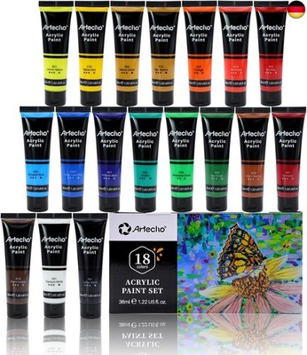 Artecho Acrylfarben Set 18 x 36 ml, Acrylic Paint Set, Wasserfest und