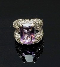 Puffy Marcasite Amethyst Sterling Silver Large Ring Size 6.75