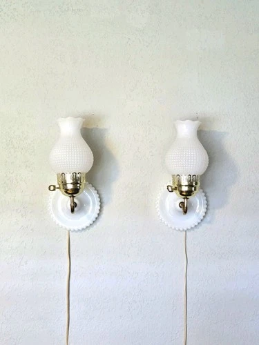 Pair Of Vintage Hobnail Milk Glass  Hurricane Style Wall Sconce Plug In Lamps