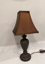 Traditional Brown Table Lamp with Woven Patterned Base and Rectangle Shade