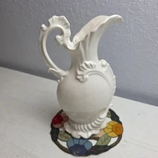 Vintage White Ceramic Pitcher Embossed Floral Detail Ornate Handled Vase