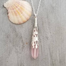Hawaiian Jewelry Sea Glass Necklace, Pink Necklace, Long Teardrop Necklace,
