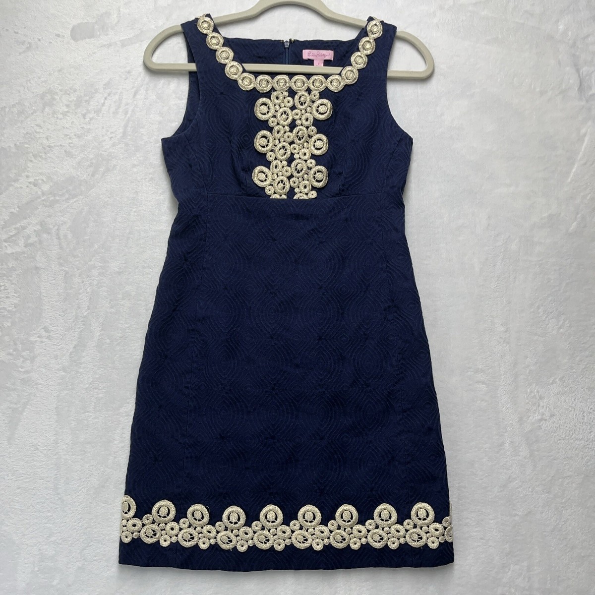 navy and gold lilly dress Pulitzer Size 0 Adelson Shift Blue Jacquard Thick Cotton dresses-gowns