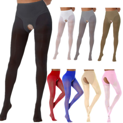 Womens Glossy Pantyhose Elastic Tights See-through Crotchless Stockings Lingerie