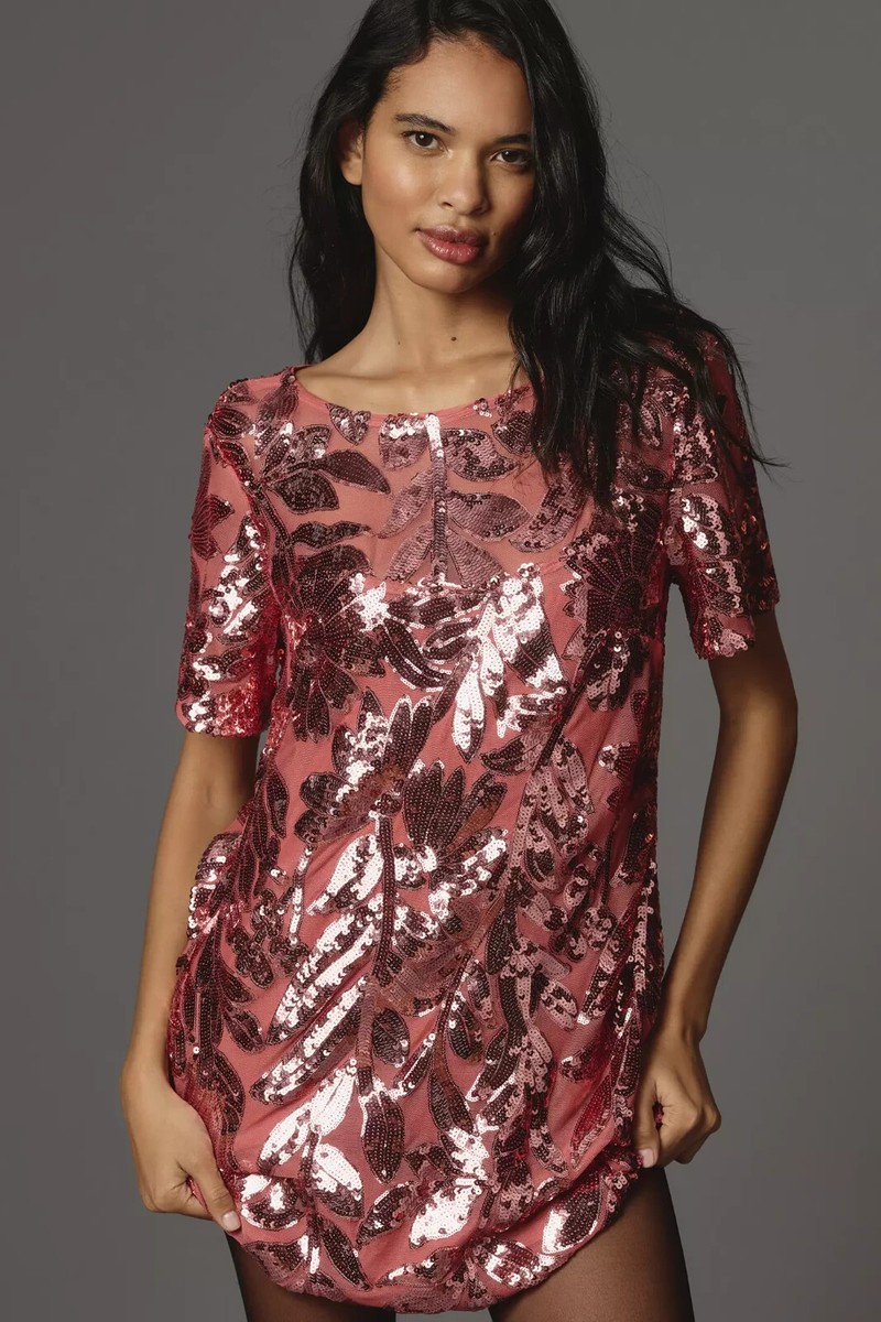 maeve short-sleeve sheer embellished mini dress New Anthropologie Maeve Short-Sleeve Sheer Embellished Mini Dress $248 X-SMALL