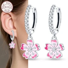 KUNSIR 925 Sterling Silver Pink Cherry Blossom Drop Earrings Women Hoops Gifts