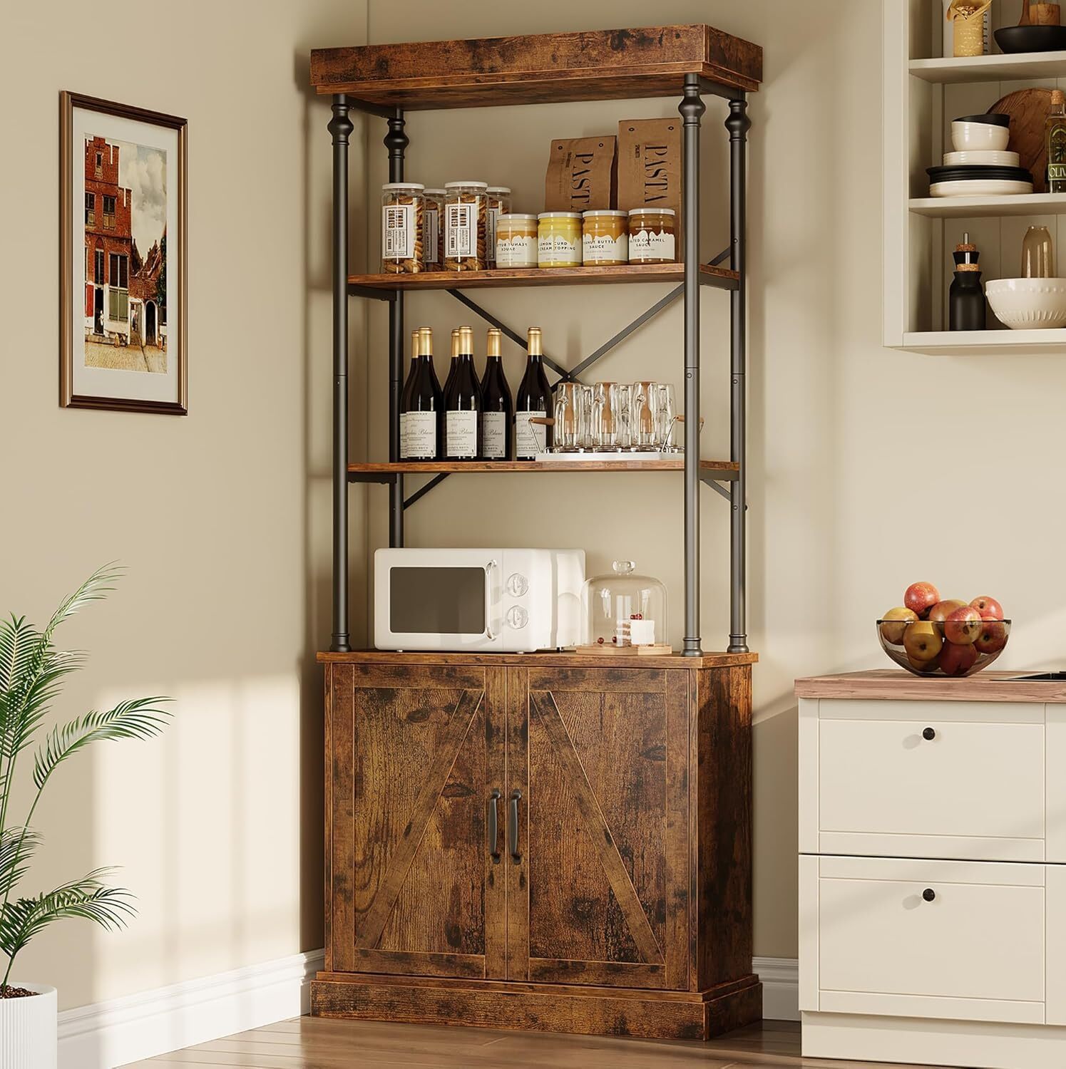 Industrial Tall Bookshelf, Wood Bookcase Storage with Doors 