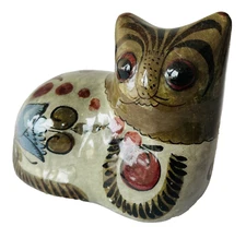 Tonala Cat Figurine Pottery Hand Painted Folk Art Handmade Mexico Signed 4x5x3"