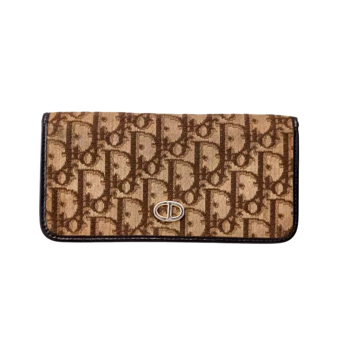 Authentique portefeuille long vintage CD Christian Dior trotteur toile cuir marron