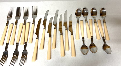 Edelstahl hellgelber Griff Besteck Set 21 Stck Taiwan Messer Gabel Löffel