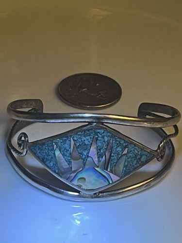 VTG Taxco Sunrise Silver Cuff Bracelet  Turquoise Abalone Sunrise 6" Wrist - 16g