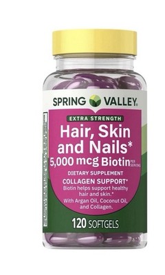Spring Valley Extra Strength Hair Skin  Softgels, 5000 mcg Biotin, 120 Count