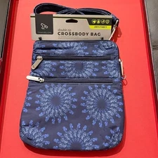 Travelon Double Zip Anti-theft Crossbody Bag, Navy and Blue Geo Sun Flower, NWT