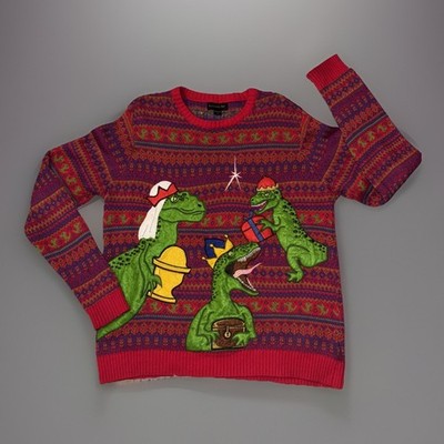 Blizzard Bay Women's Three Wise Dinosaurs Ugly Christmas Sweater Size L Red New 