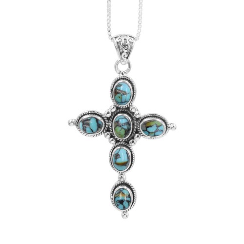 Turquoise Cross Necklace in 925 Sterling Silver with Chain