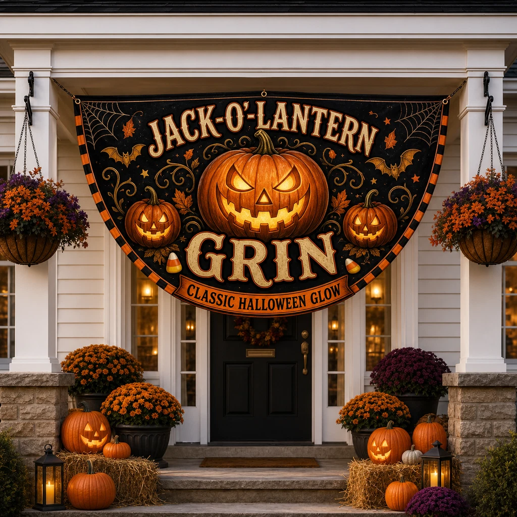 Semi Circle Flag Jack-O'-Lantern Grin Porch Banner for Halloween Entryway
