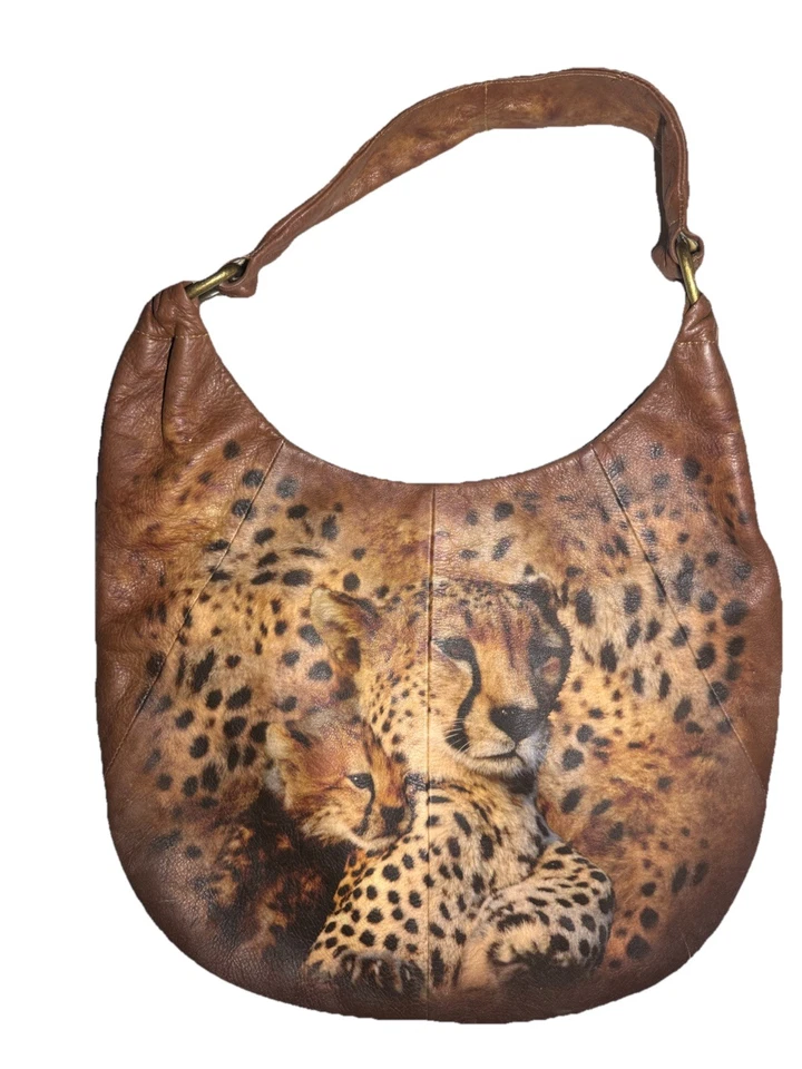 Vintage ICON Los Angeles Wild LEOPARD Animal Medium Leather Hobo Bag 15"x12" - Image 3 of 4