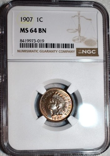 NGC MS-64 BN 1907 Indian Head Cent, Blazing Mint Luster w/ 35%+ Original Red.