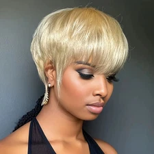 6-inch straight blonde pixie cut wig crafted from 100% Brazilian Remy human hair