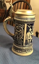 S.P. GERZ Cobalt Blue Salt Glazed Pewter Lid German Beer Stein TAVERN SCENE 7”