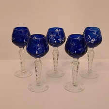  Set of  5 AJKA Marsala 5 3/4" Cordial Glasses Coblat Blue Cut To Clear Crystal