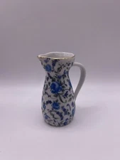 Vintage Miniature Pitcher Blue Floral Roses Window Sill Decor Trinket