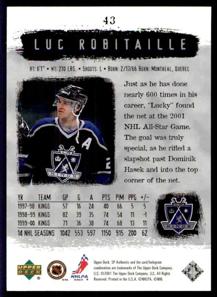 2000-01 Upper Deck SP Authentic Luc Robitaille #43 - Image 2 of 2