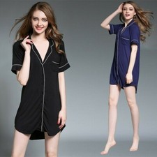 Women Nightgown Button Down Cotton Nightshirt Short Pajama Boyfriend Shirt Black