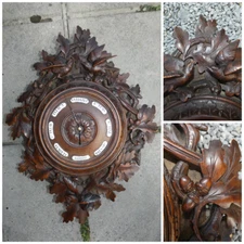 Antique black forest wood carved wall barometer Birds nest oak leaves