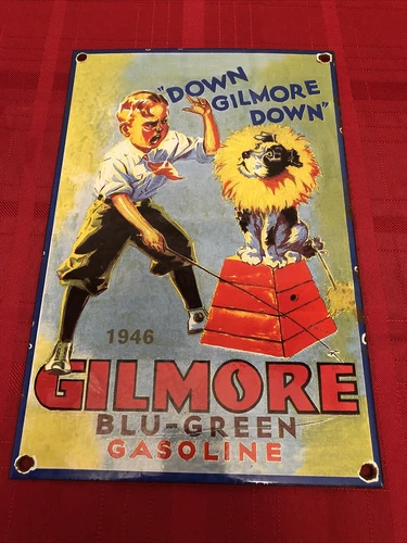 Vintage Old Dated 1946 Gilmore “Blu-Green Gasoline” Porcelain Enamel Gas Sign