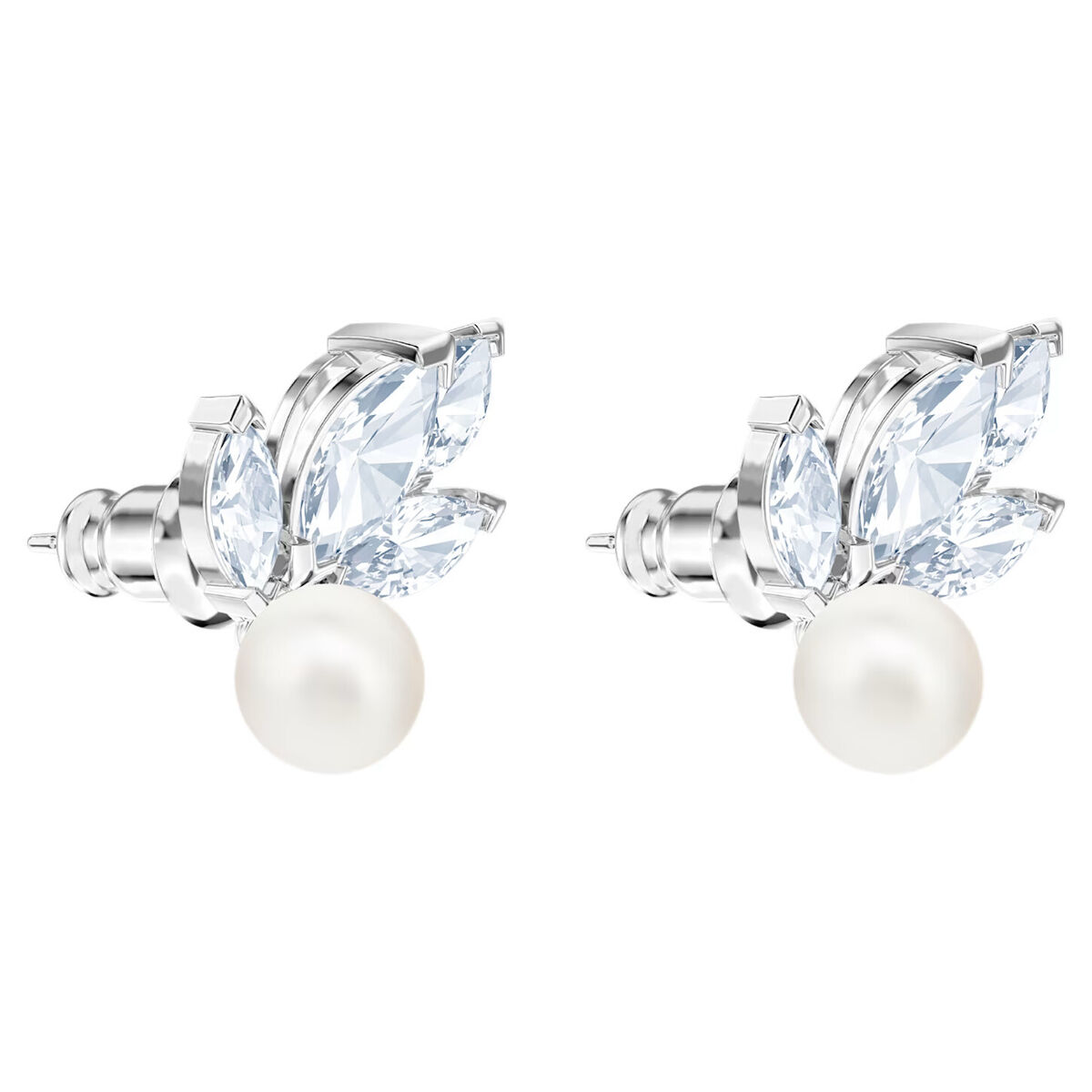 Louison Pearl stud earrings, Leaf, White, Rhodium plated