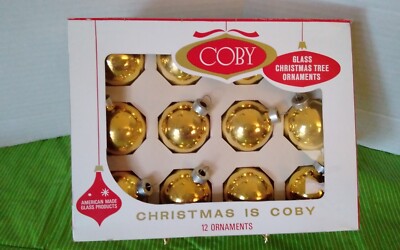  Vintage 12 Pack  ''COBY''  Gold Glass Christmas Tree Ball Ornaments ~ USA