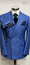 Sky blue double breasted luxury wool suit