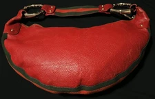 Vintage GUCCI Red Pebbled Leather Bamboo Ring Crescent Handbag