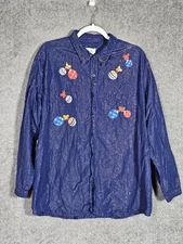 Bobbie Brooks Button Up Christmas Ornament Shirt Womens Sz 22W/24W Blue Striped