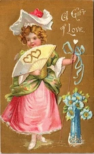 Antique Valentine Postcard Gift of Love Georgian Girl Floral  c1910